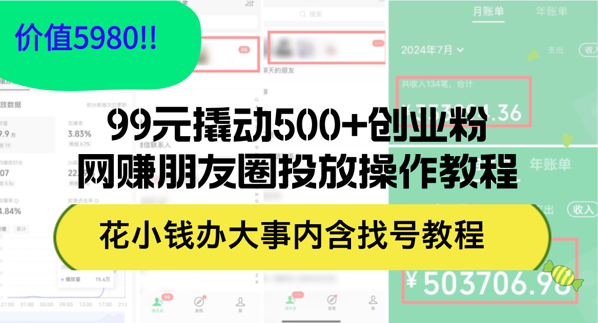 （12431期）99元撬动500+创业粉，网赚朋友圈投放操作教程价值5980！花小钱办大事内…_生财有道创业网