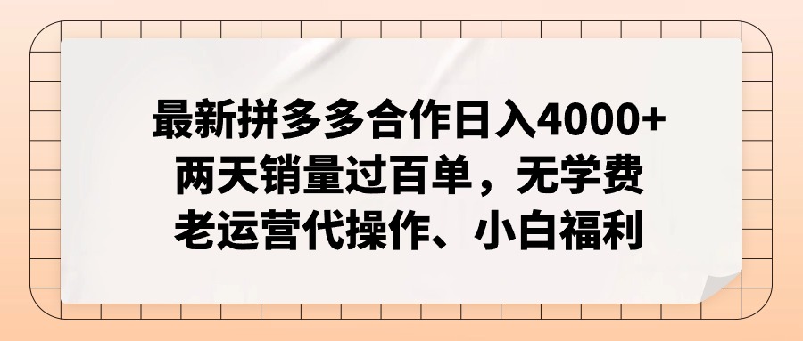 （12869期）拼多多最新合作日入4000+两天销量过百单，无学费、老运营代操作、小白福利_生财有道创业项目网
