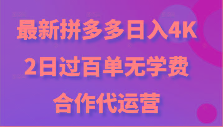 最新拼多多，日入4K+，2日过百单无学费，合作代运营_生财有道创业网